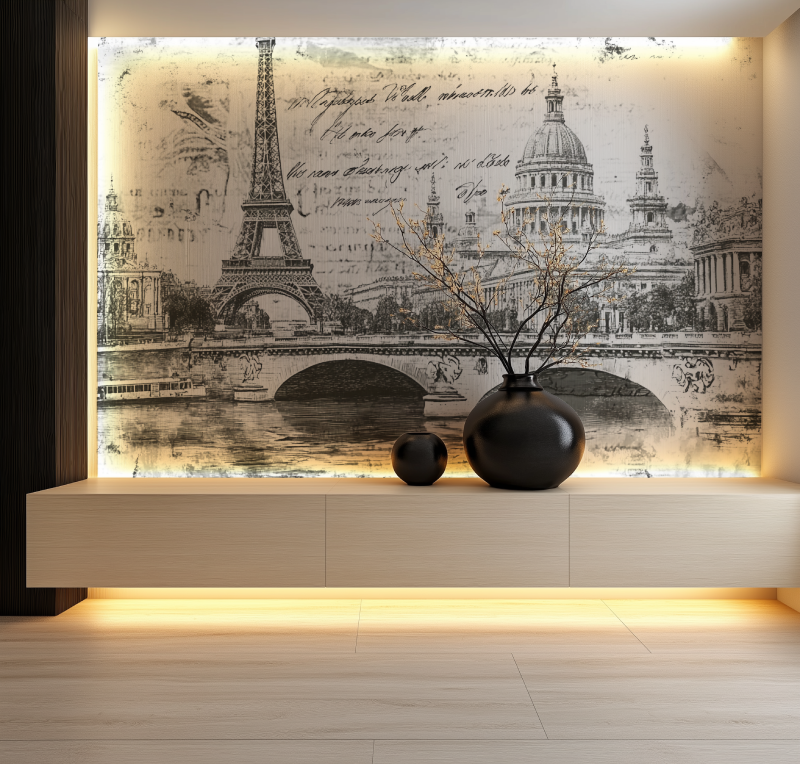 Papier peint vintage noir et blanc carte postale salon neon