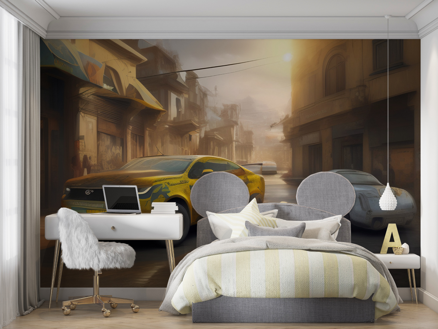 Papier peint 3d voiture jaune mur chambre panoramique