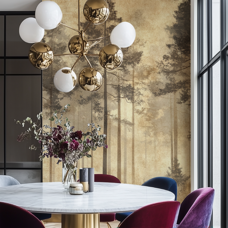 Papier peint arbre brun salon chaise