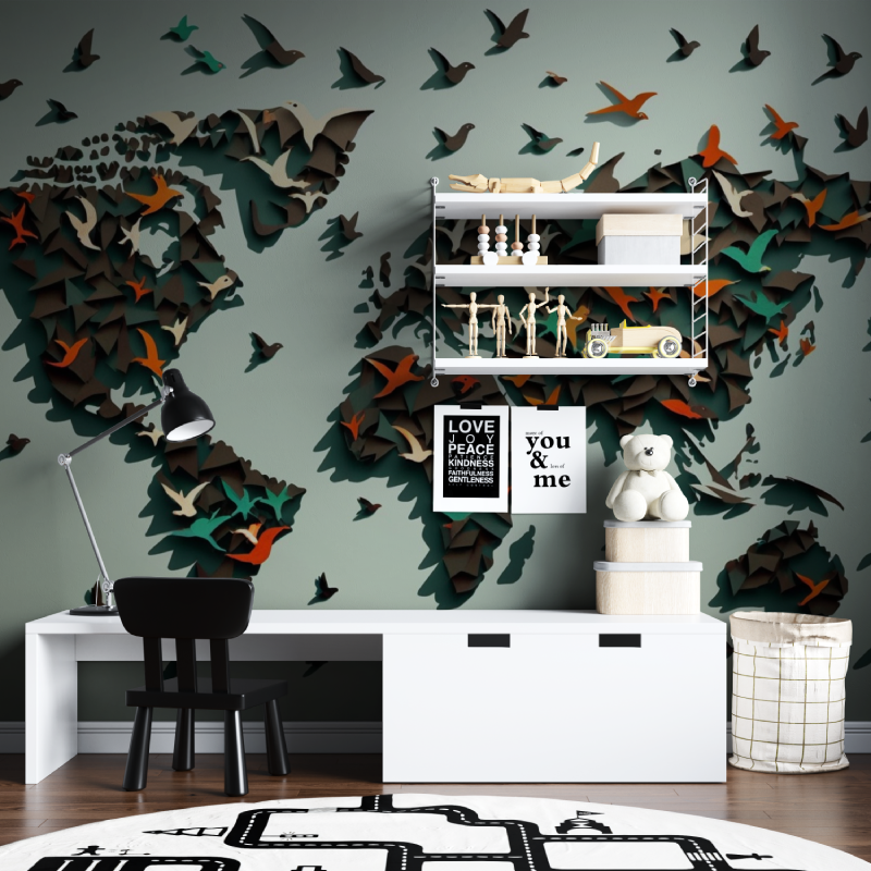 Papier peint origami carte du monde tapisserie chambre ados