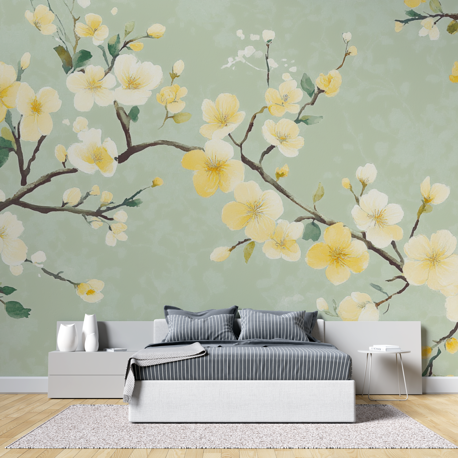 Papier peint fleur cerisier jaune tete de lit