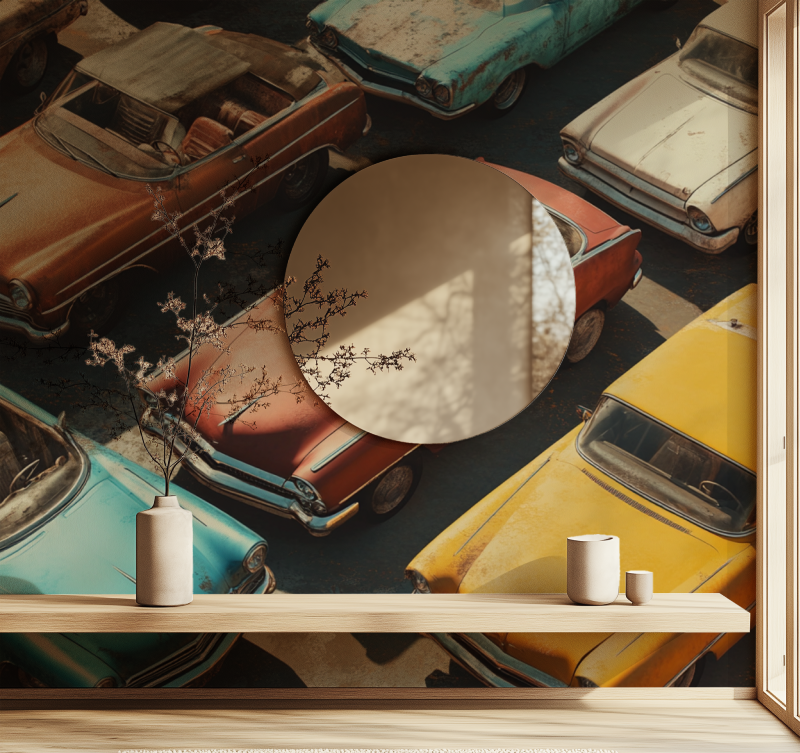 Papier peint vintage voiture trompe loeil miroir