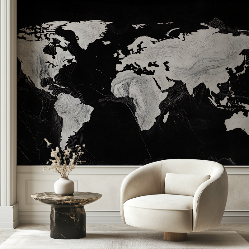 Papier peint carte du monde noir design chaise tendance