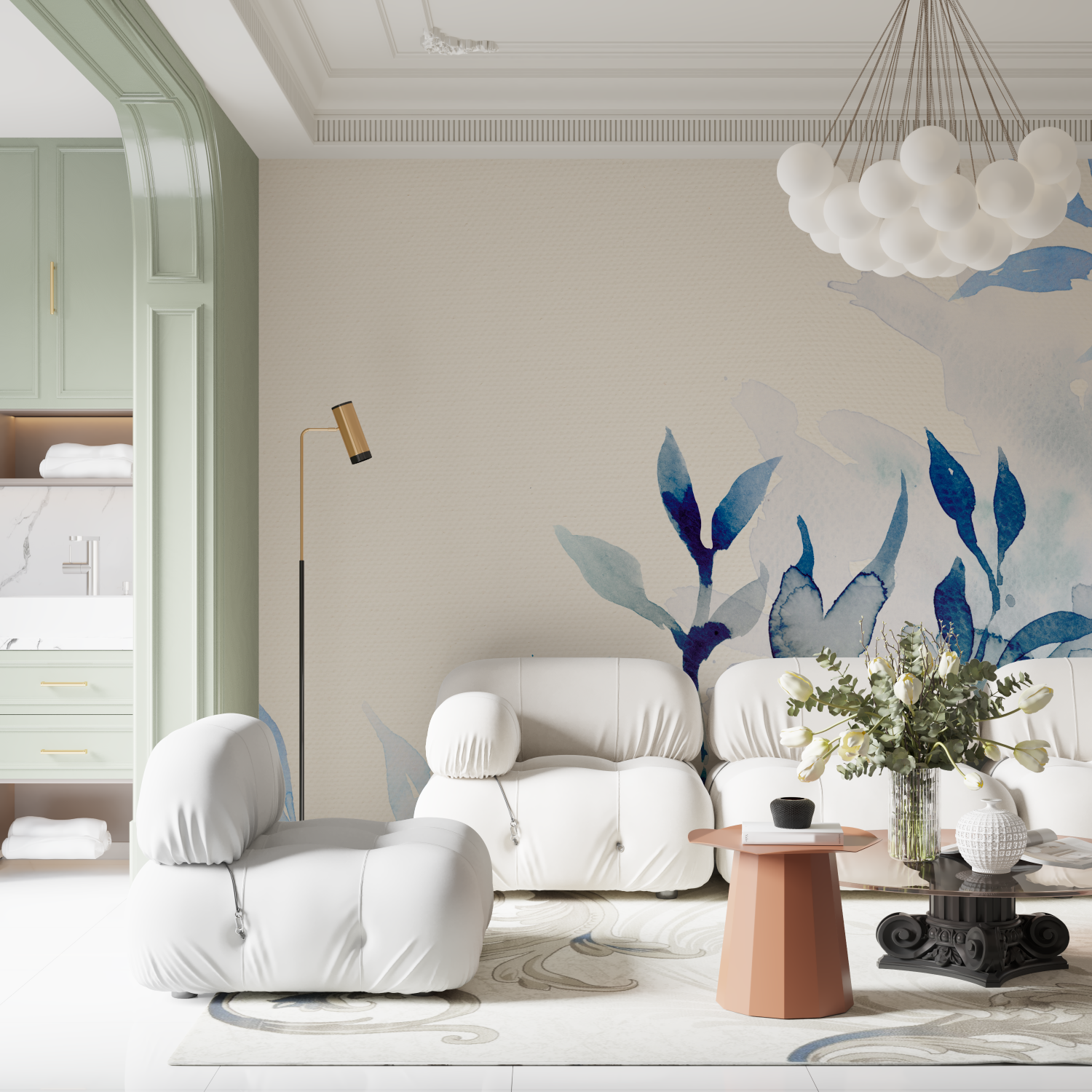 Papier peint aquarelle bleu naturelle contemporain