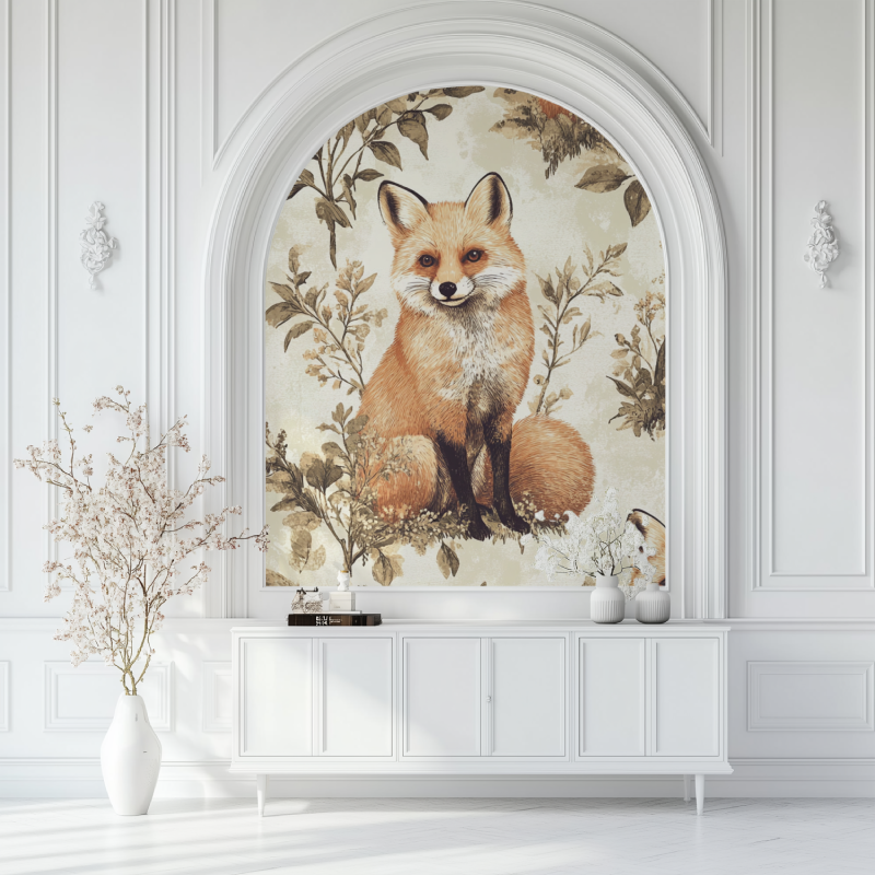 Papier peint vintage renard salon blanc