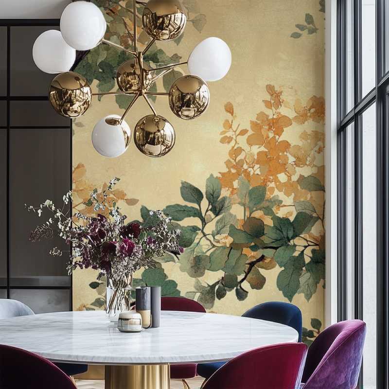 Papier peint arbre chene salon chaise