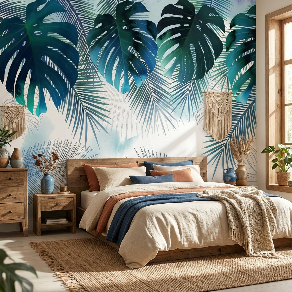 Papier Peint Tropical Bleu Vert