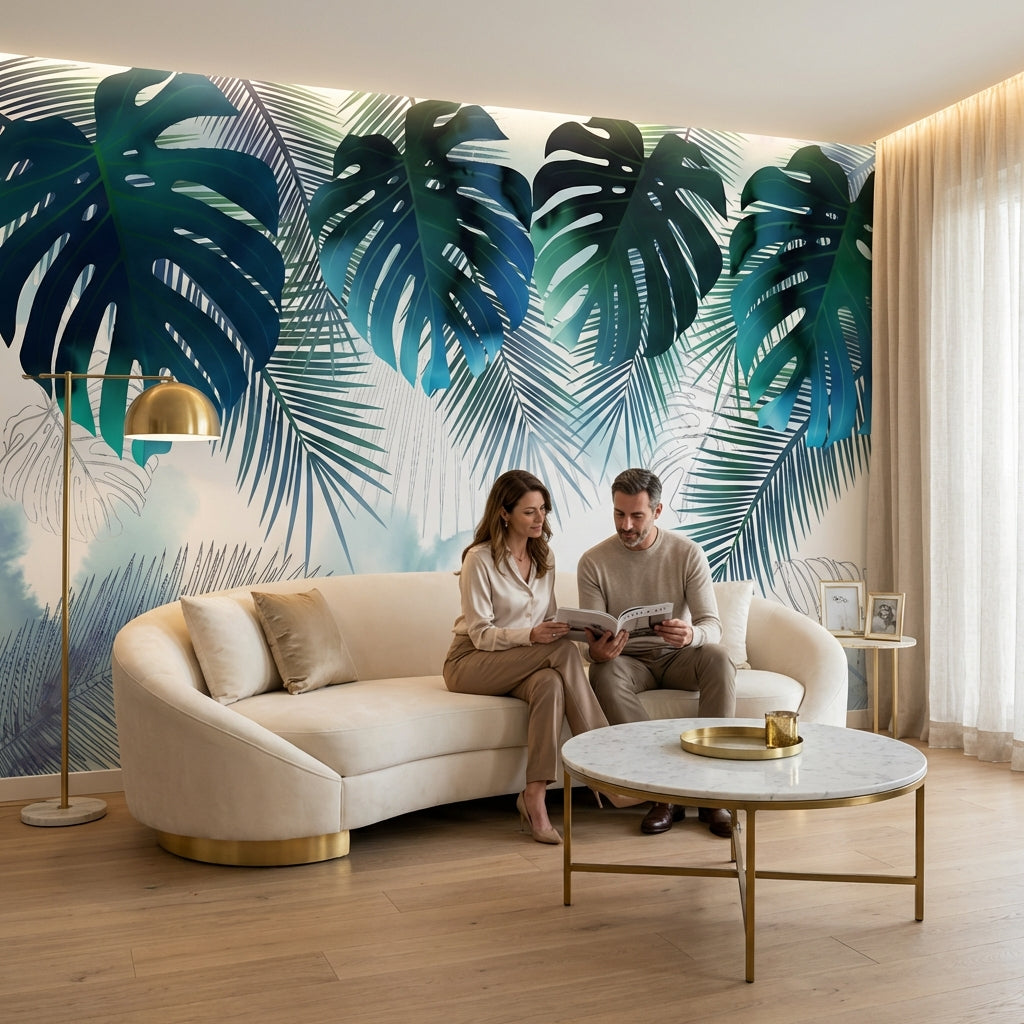 Papier Peint Tropical Bleu Vert