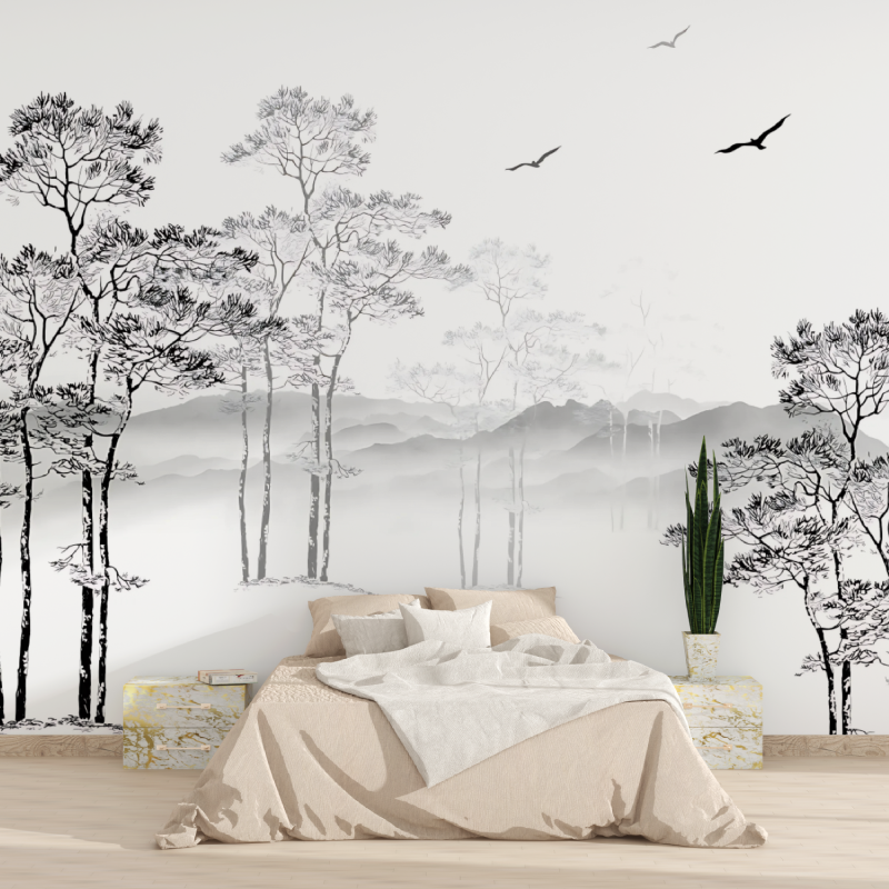 Carta da parati dell'albero bianco e nero