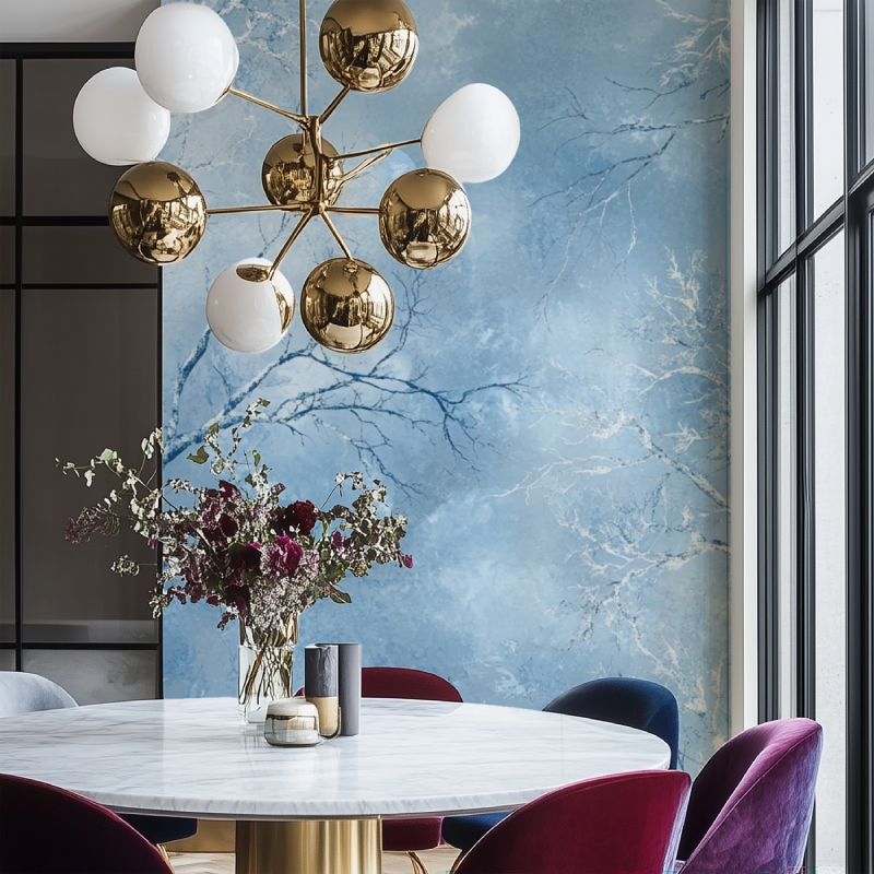 Papier peint arbre bleu givre salon chaise