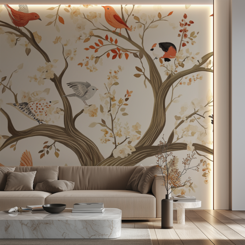 Papier peint arbre animaux canape neon