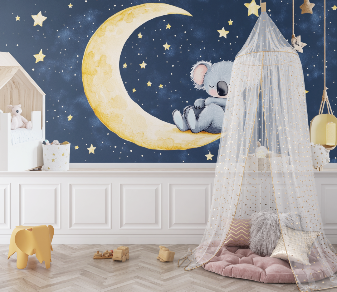 Papier peint koala endormi sur un croissant de lune bebe