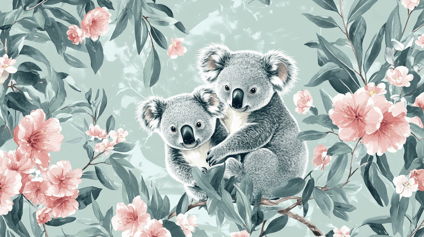Papier Peint Koala Et Feuillage Poudré