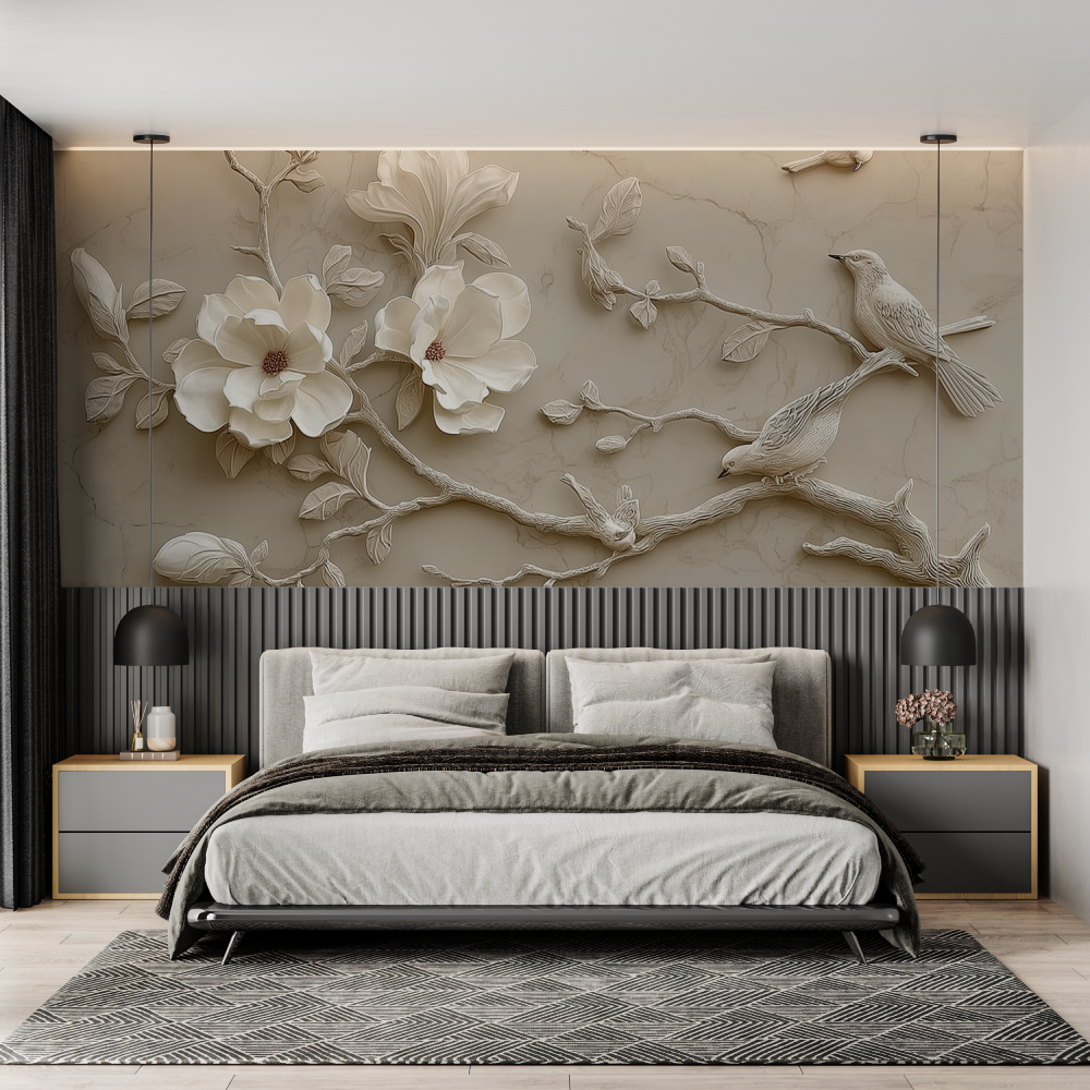 3d beige birds mural wallpaper chambre adulte tendance