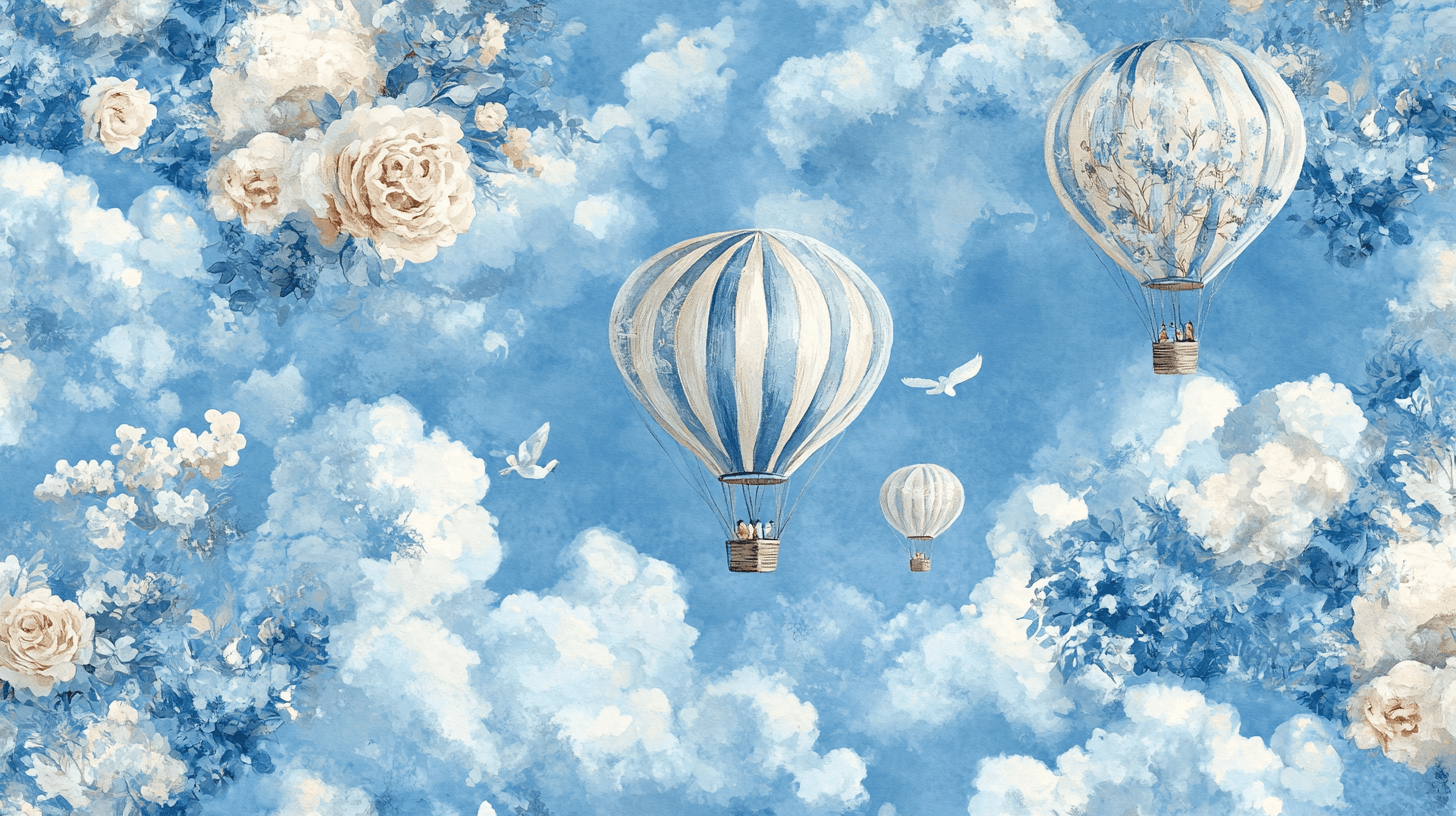 Papier Peint Montgolfière Et Nuages En Forme De Fleurs