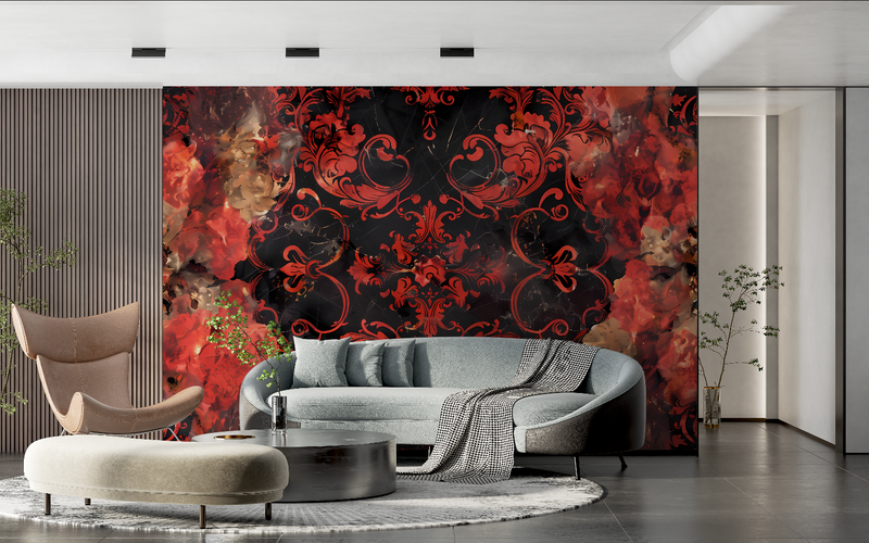 Papier Peint Baroque Rouge Et Noir - chambre adulte