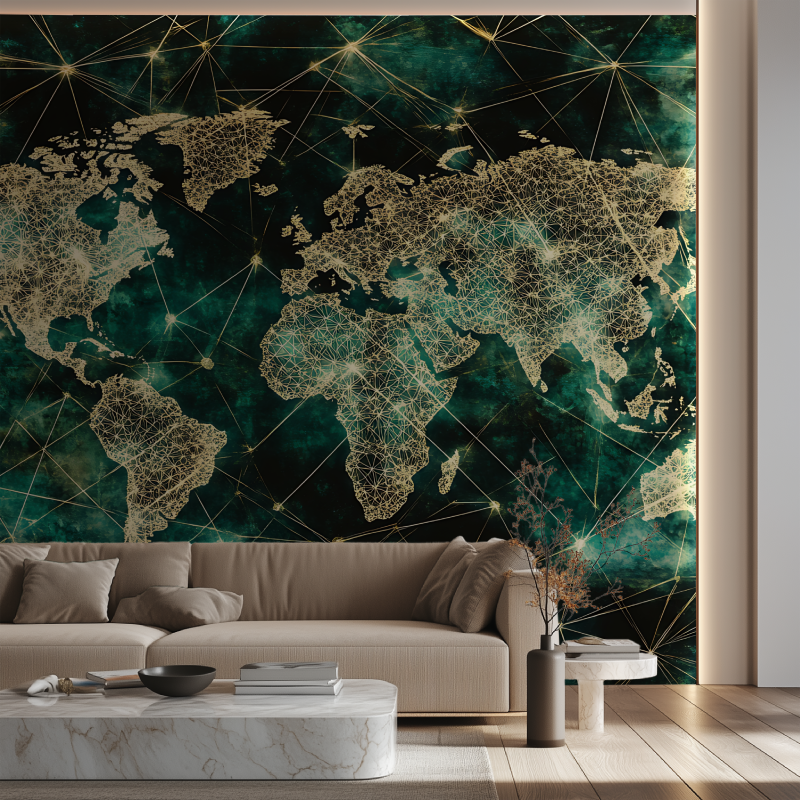 Papier peint carte du monde geometrique canape neon