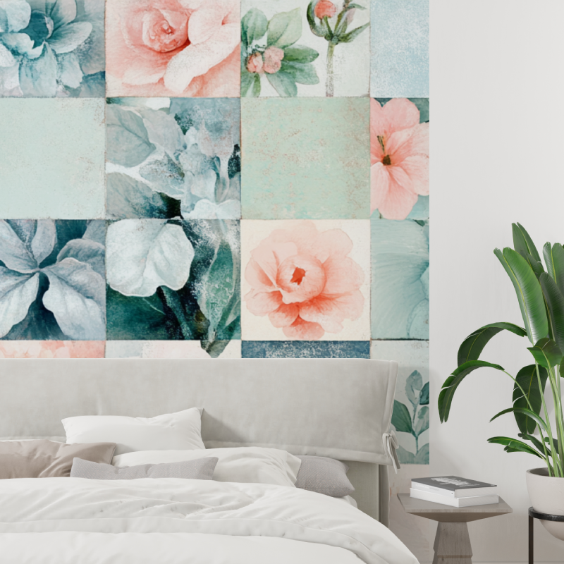 Papier peint fleur carreaux a coller tapisserie tendance