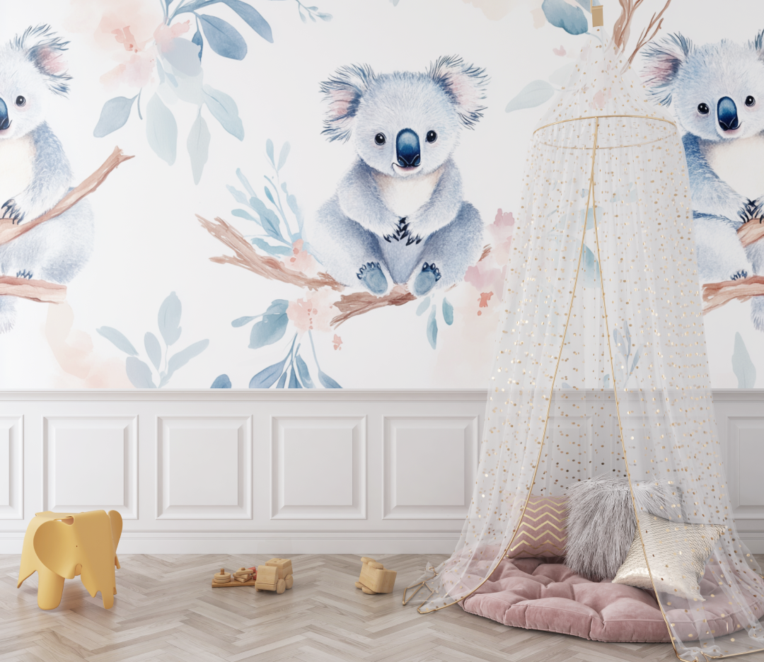 Papier peint koala entoure de plumes legeres bebe