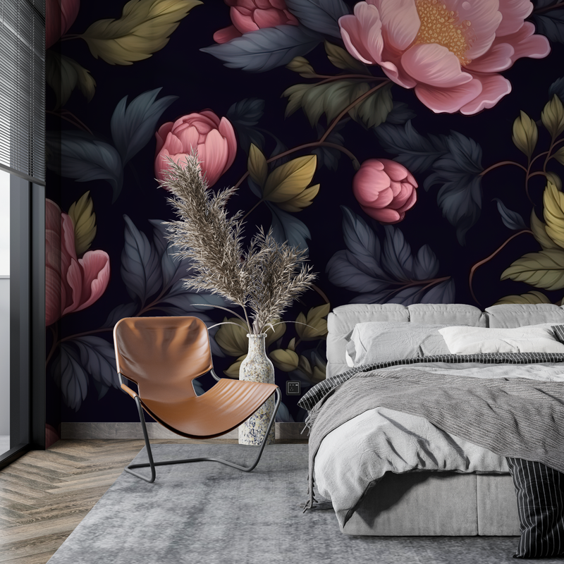 Papier Peint Fleuri Fond Noir - tendance mur