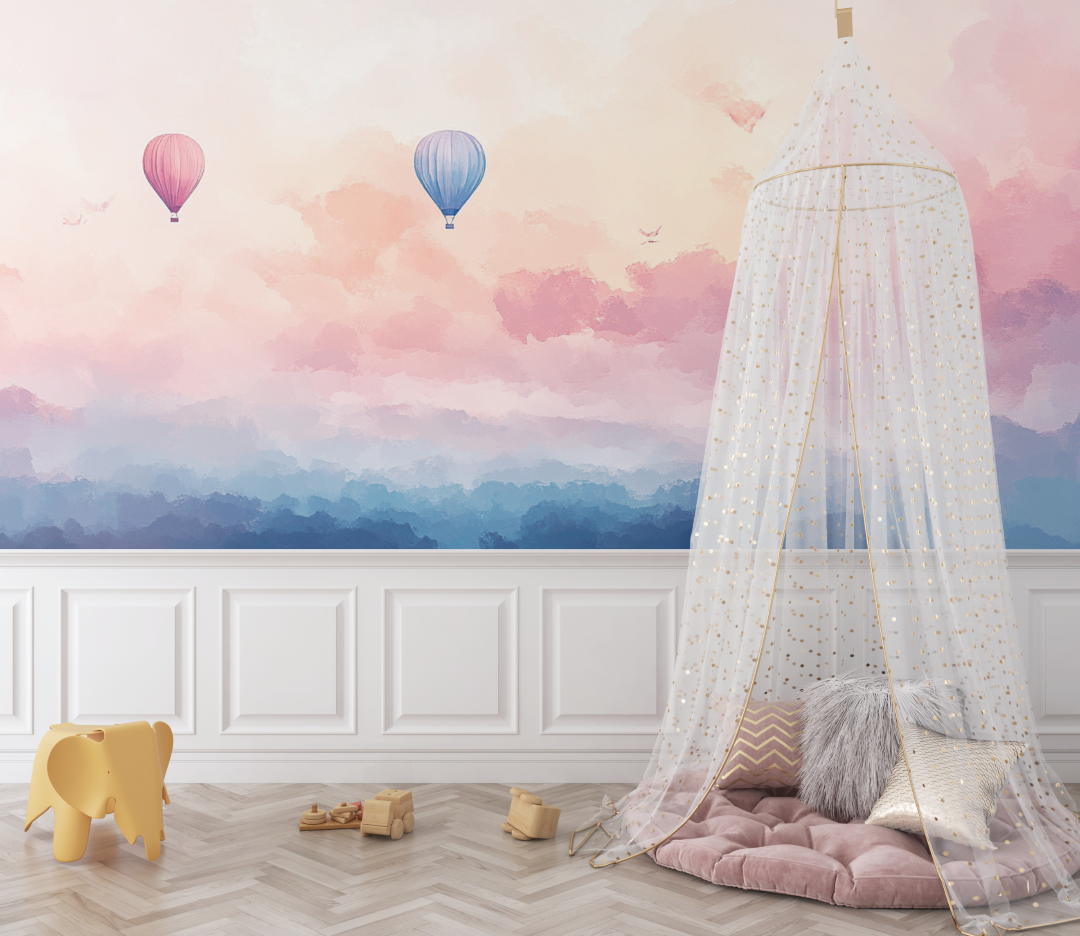 Papier peint montgolfiere et ciel de coucher de soleil bebe