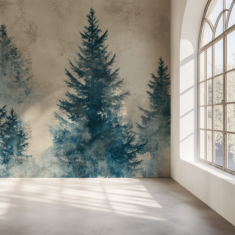 Papier peint arbre bleu canard mur simple