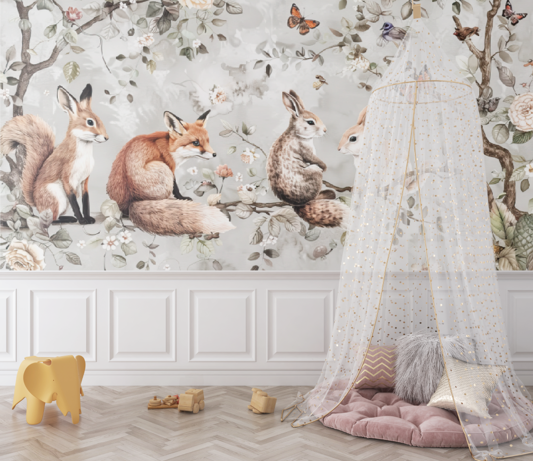 Papier peint bébé Animaux et fleurs - chambre bébé