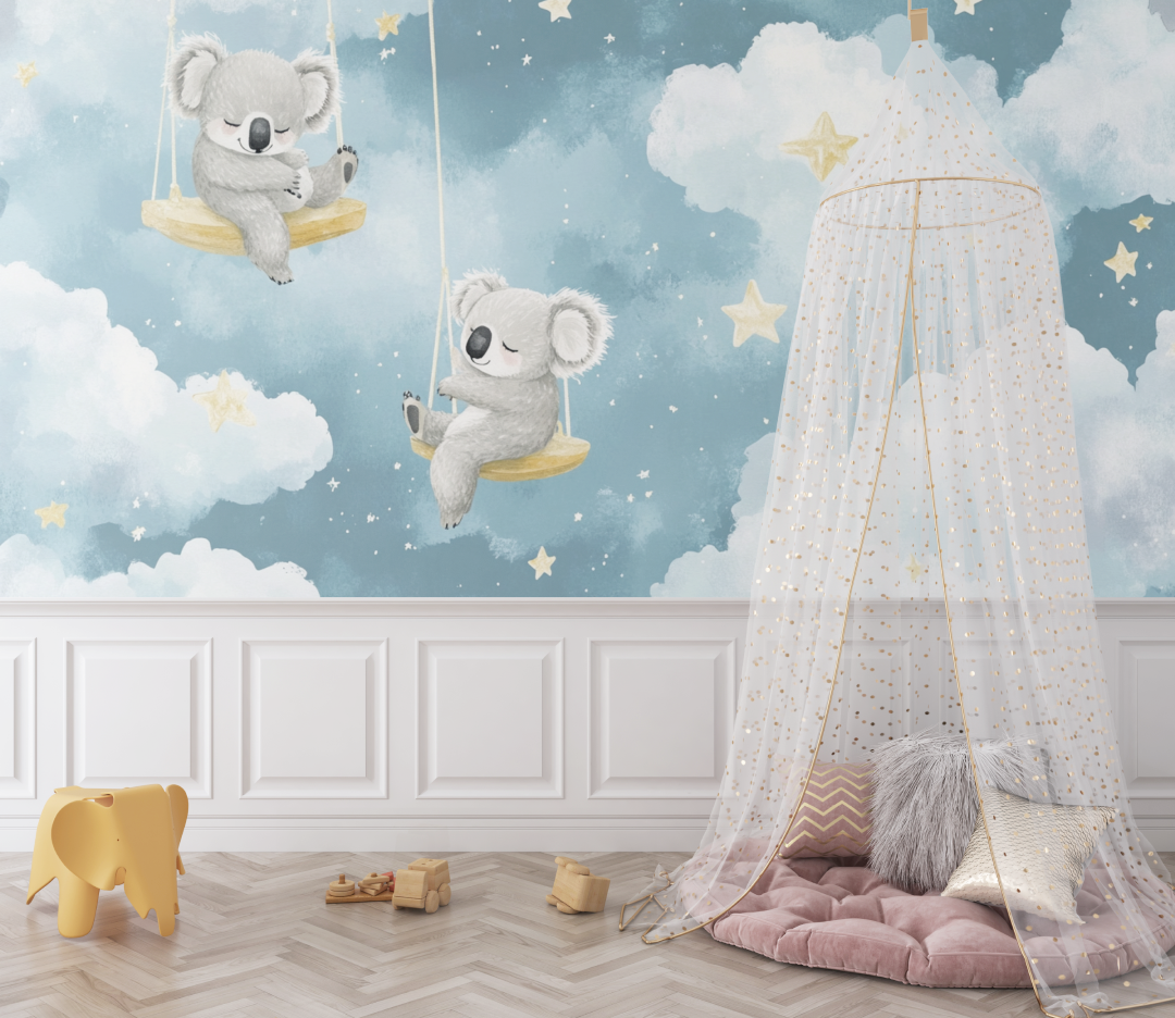 Papier peint koala flottant dans le ciel bebe