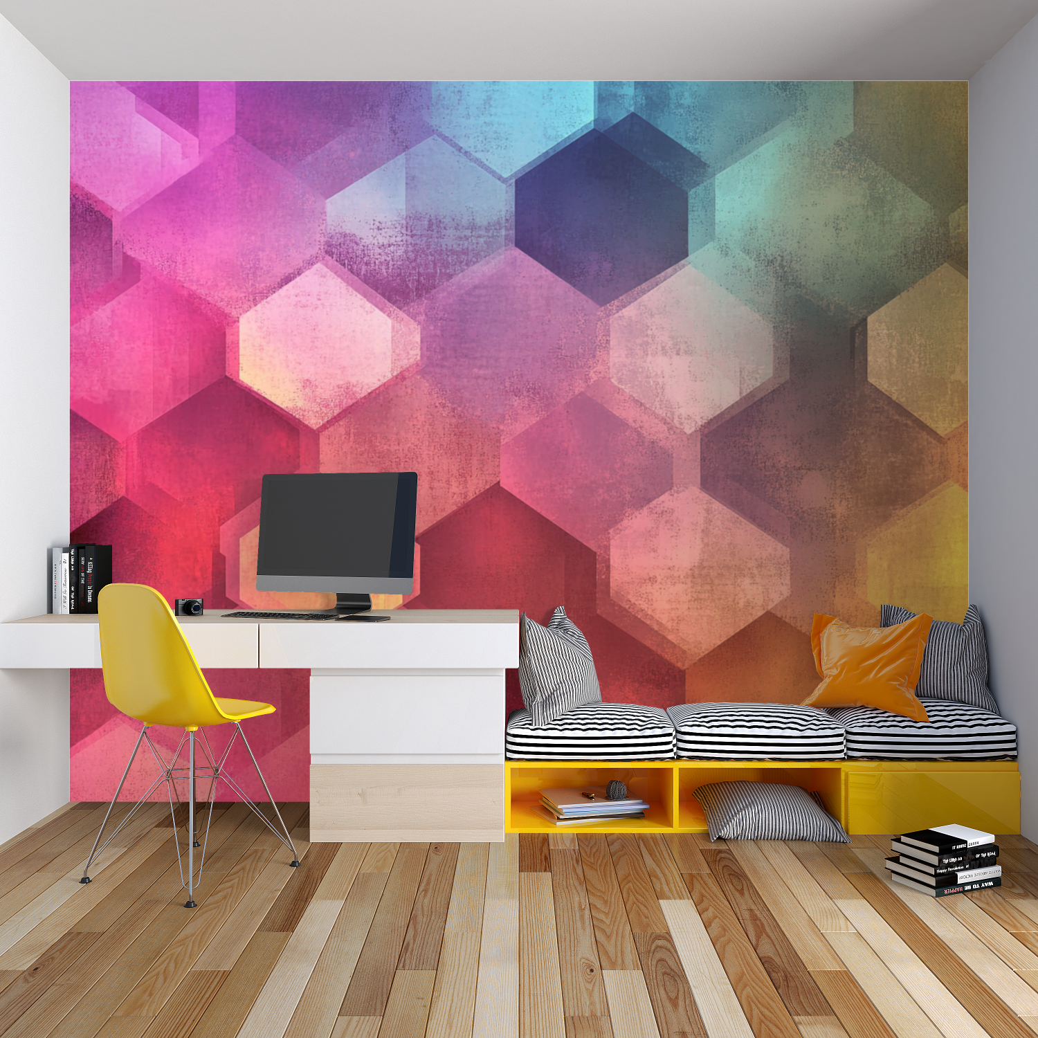 Papier peint hexagones colores chambre garcon lit