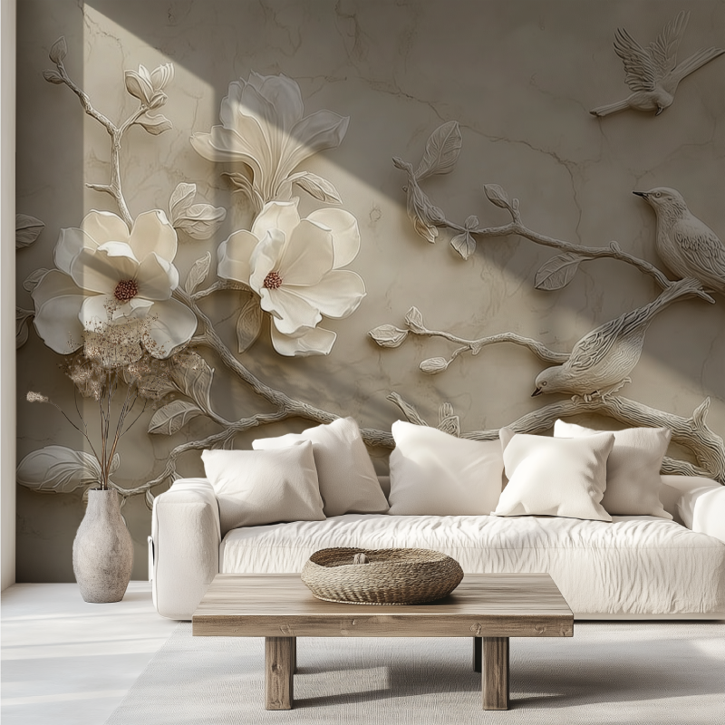 3d beige birds mural wallpaper canape tendance