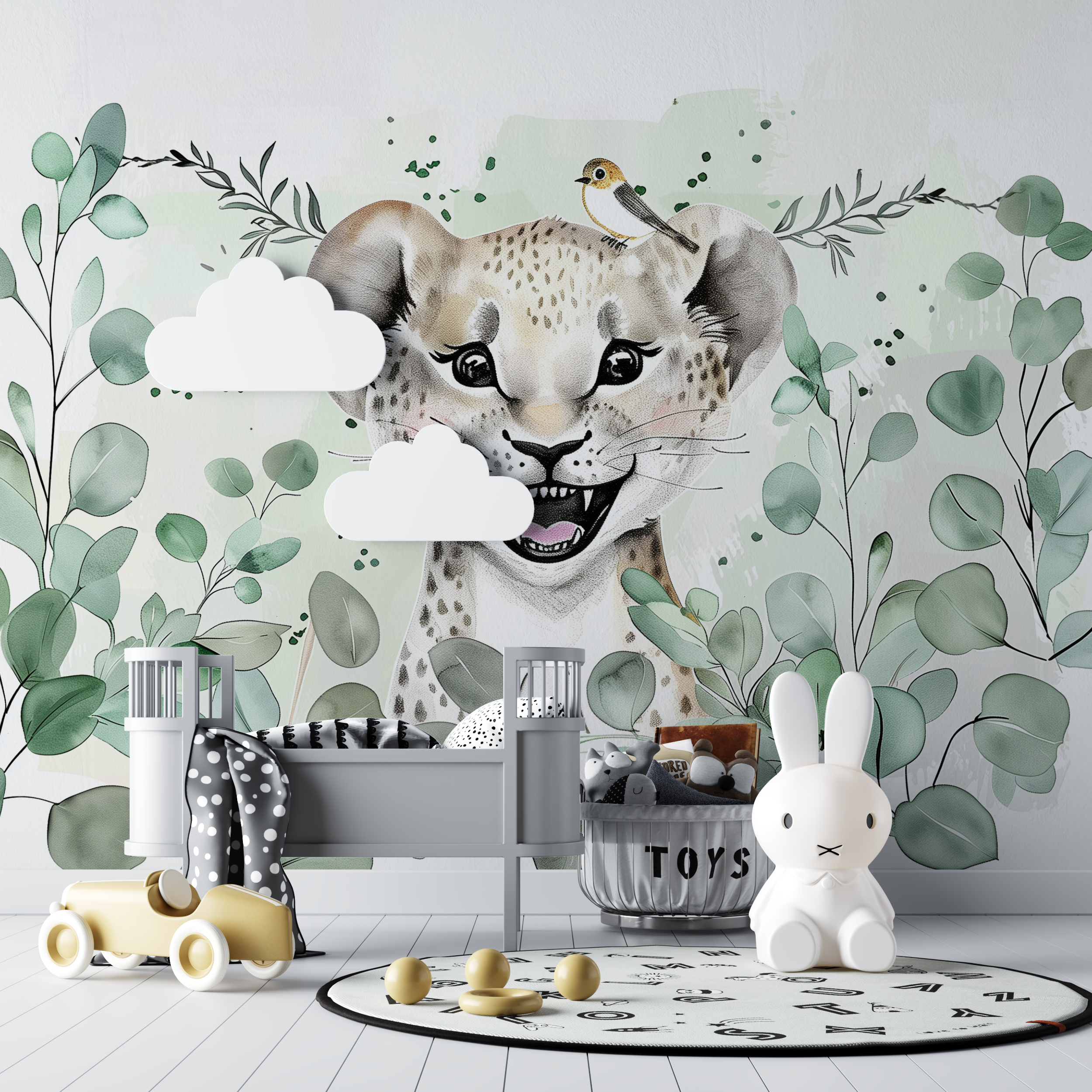 Papier peint animaux vert deau enfant bebe tipi