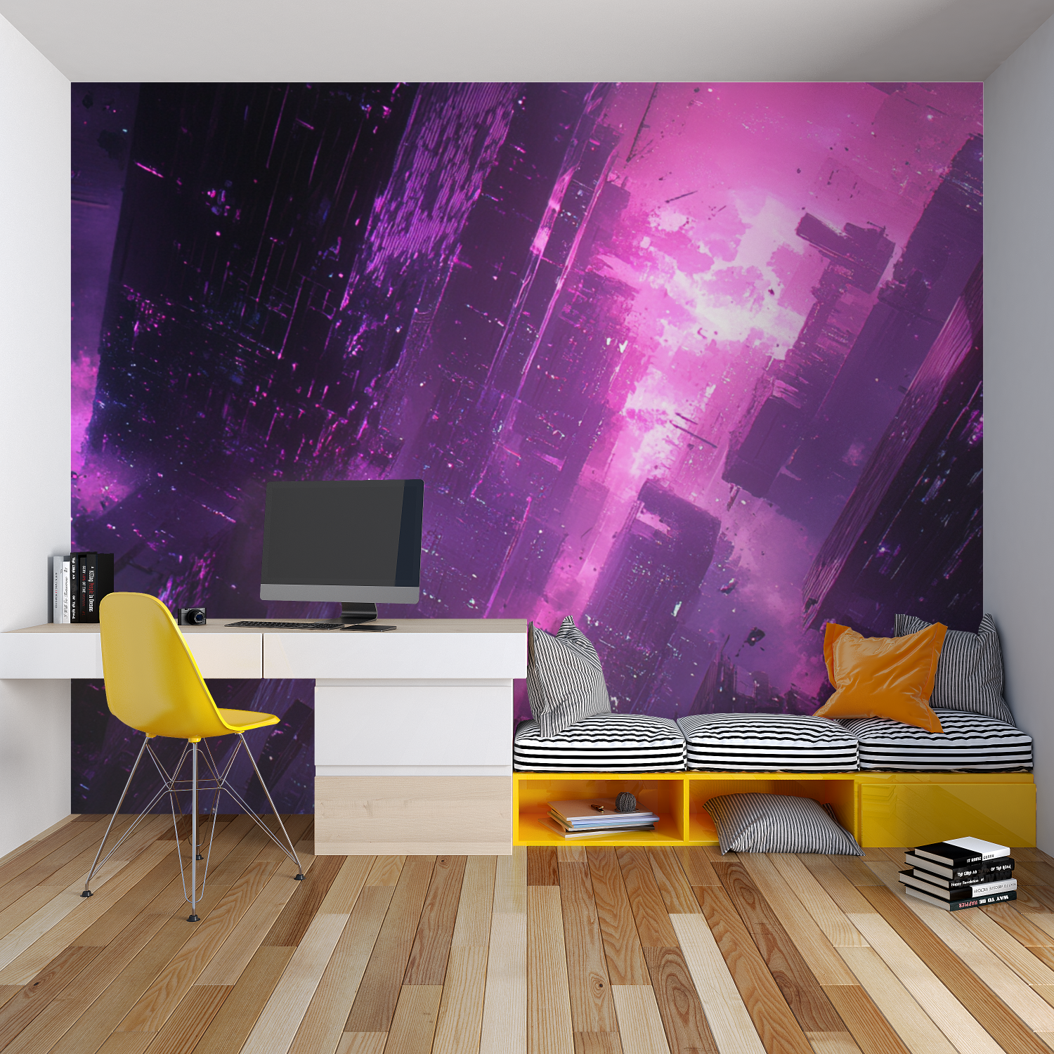 Papier peint neon gaming room chambre garcon lit