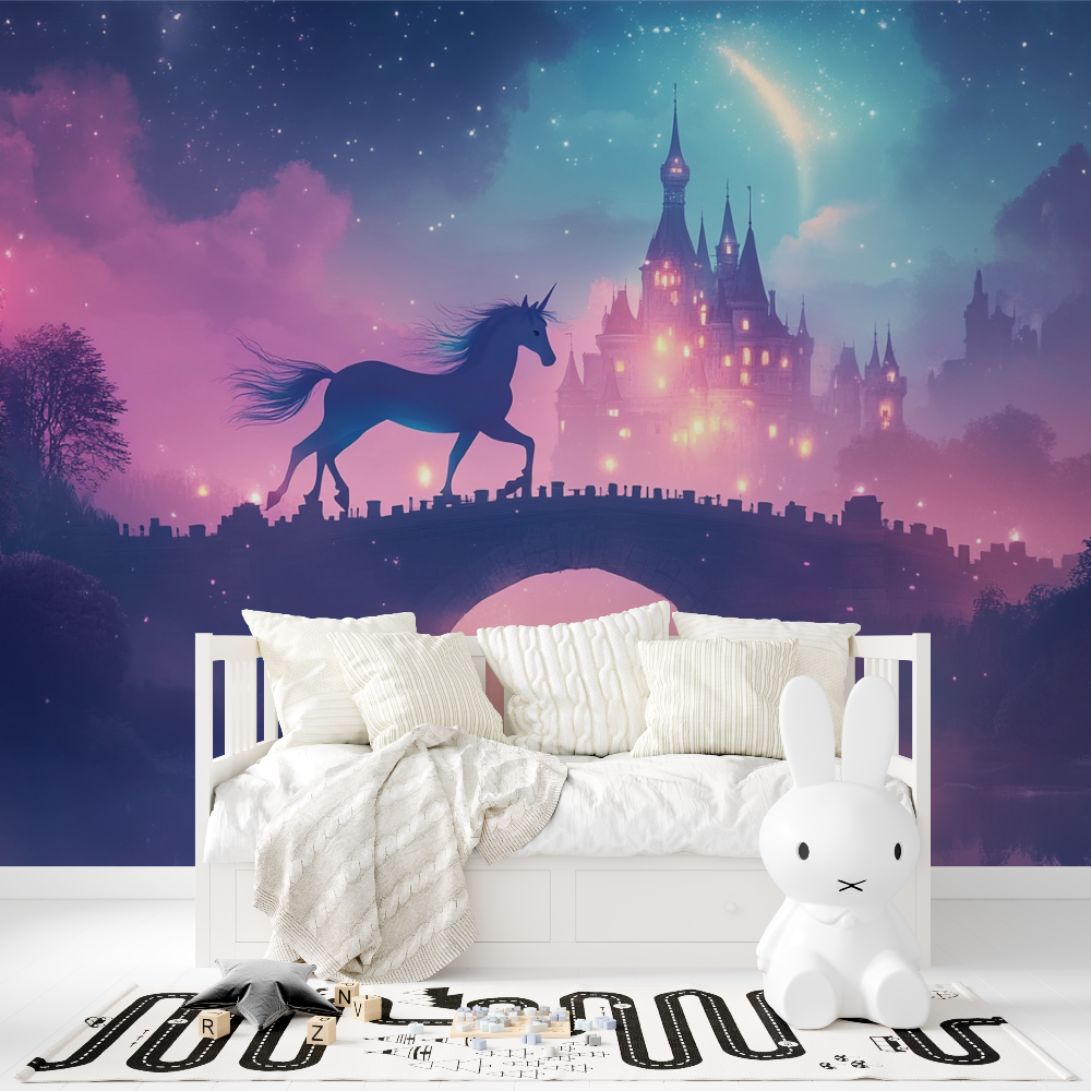 Papier peint licorne arc et chateau tapisserie fille