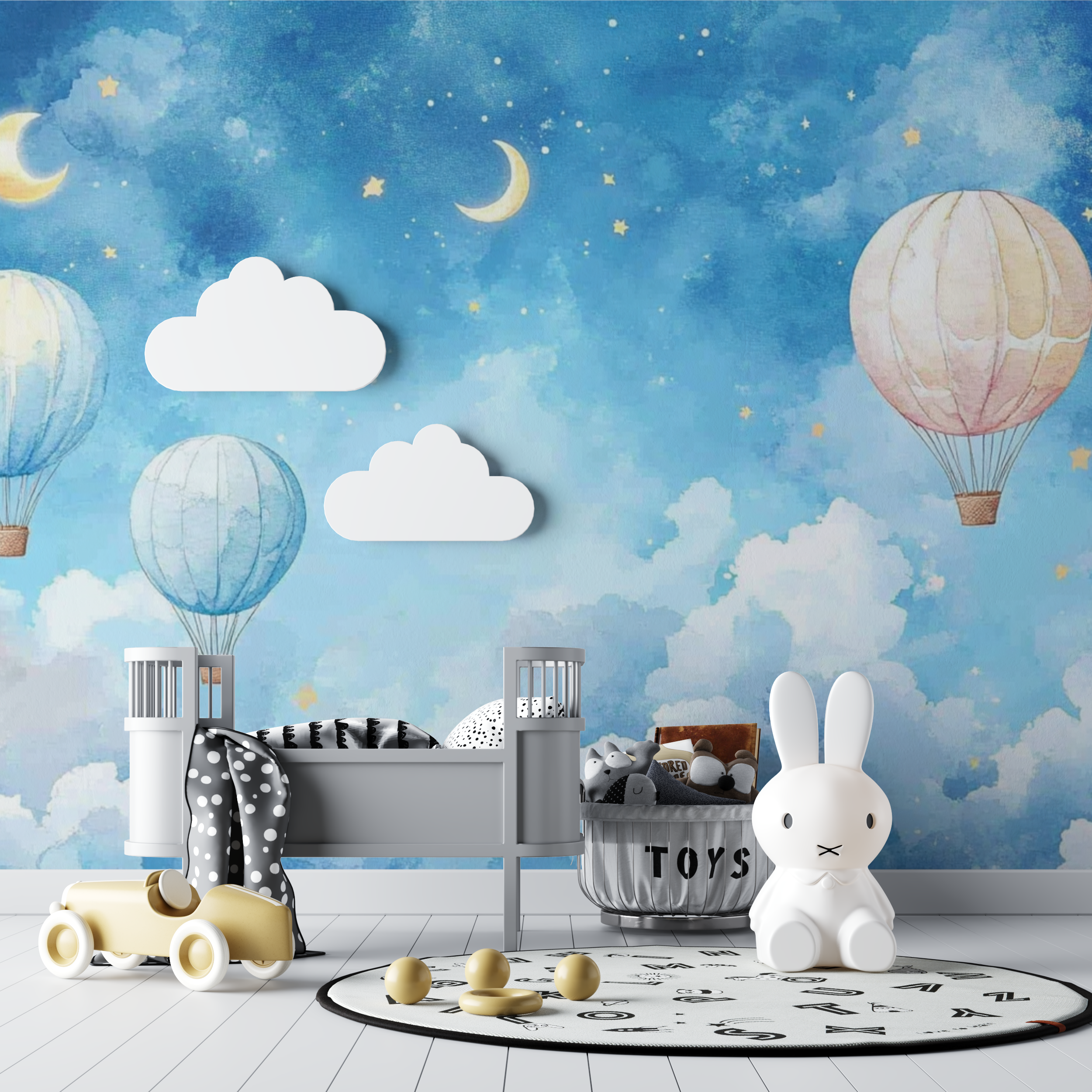 Papier peint montgolfiere et ci...e nuit avec lune bebe tipi