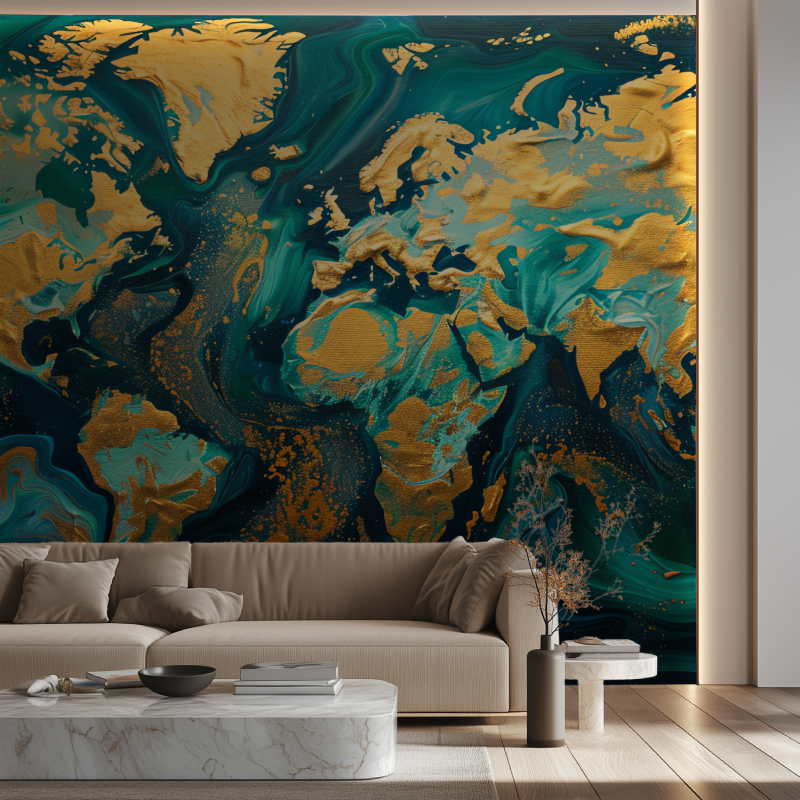 Papier peint carte du monde design bleu canard canape neon