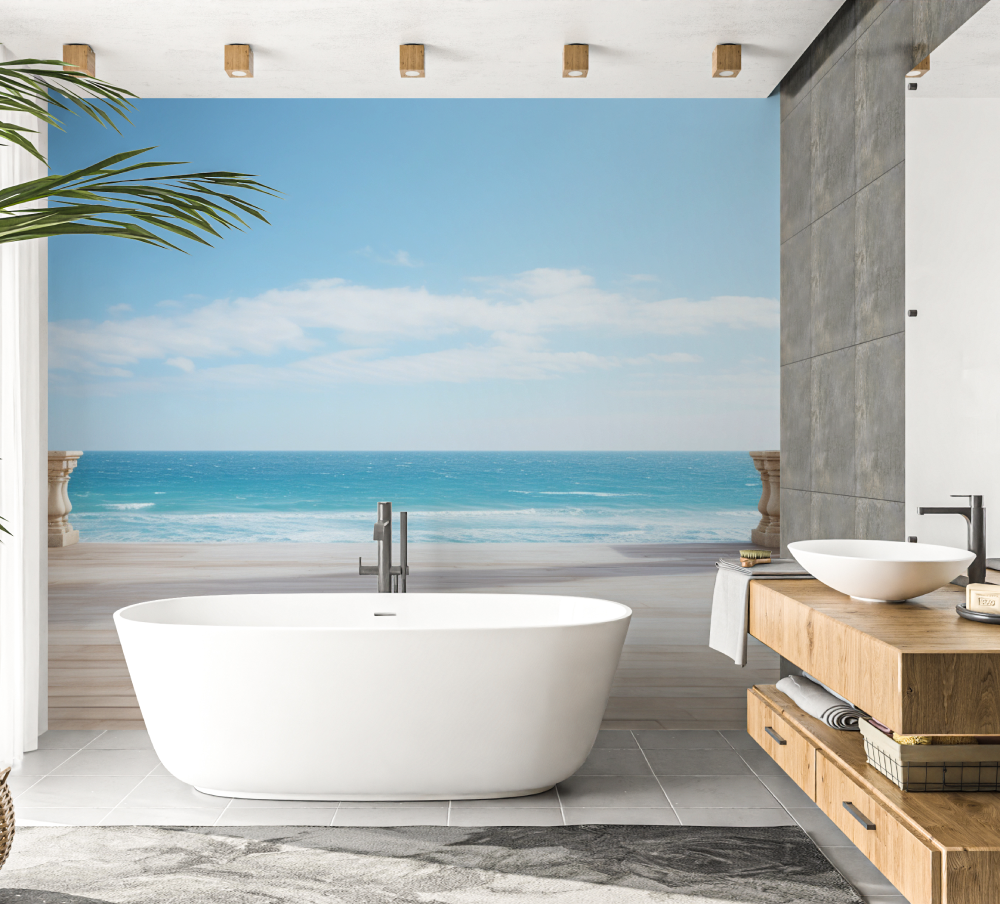 Papier peint trompe l oeil sall... bain salle de bain papier