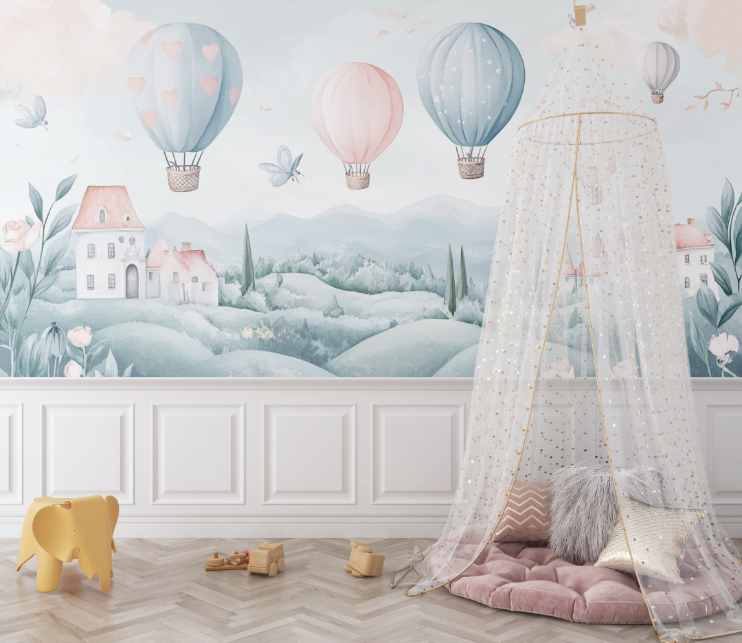 Papier peint montgolfiere et paysages feeriques bebe