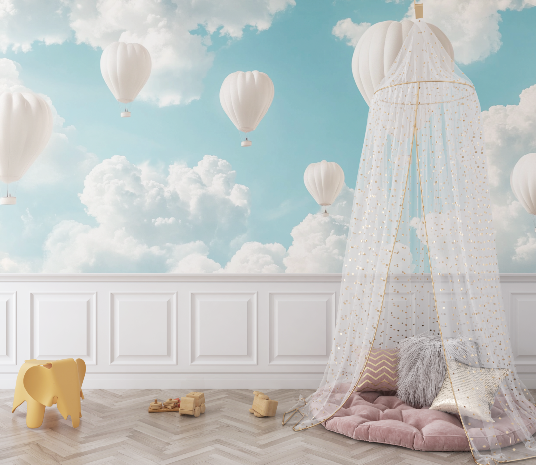 Papier peint montgolfiere et nuages dores bebe
