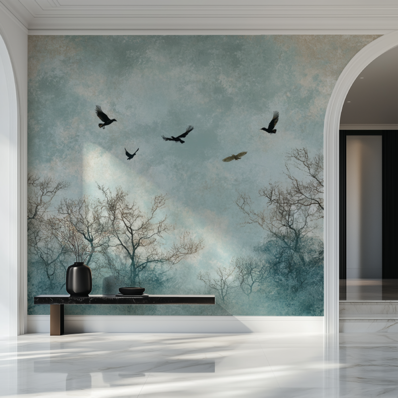 Papier peint arbre oiseaux salon beau