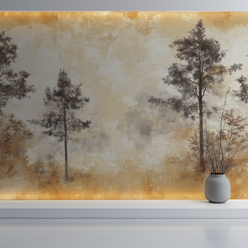 Papier peint arbre moutarde mur blanc