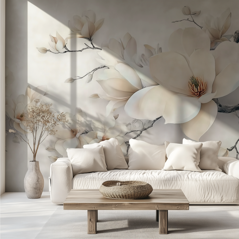 Big white tulip mural wallpaper canape tendance