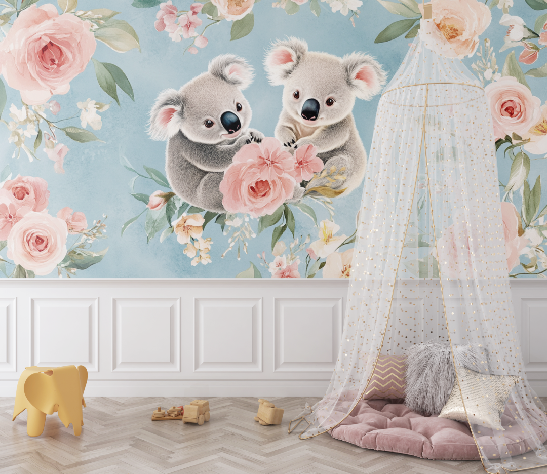 Papier peint koala dans un champ de fleurs bebe