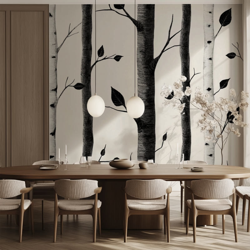 Papier peint arbre bouleau noir...lanc salle manger tendance