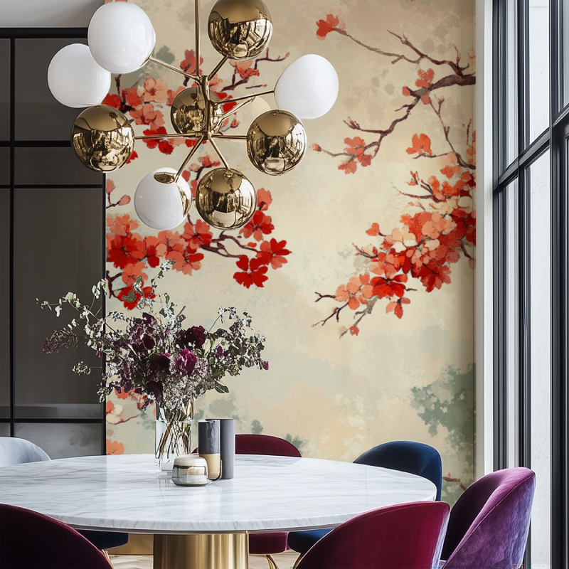 Papier peint arbre japonais uni salon chaise