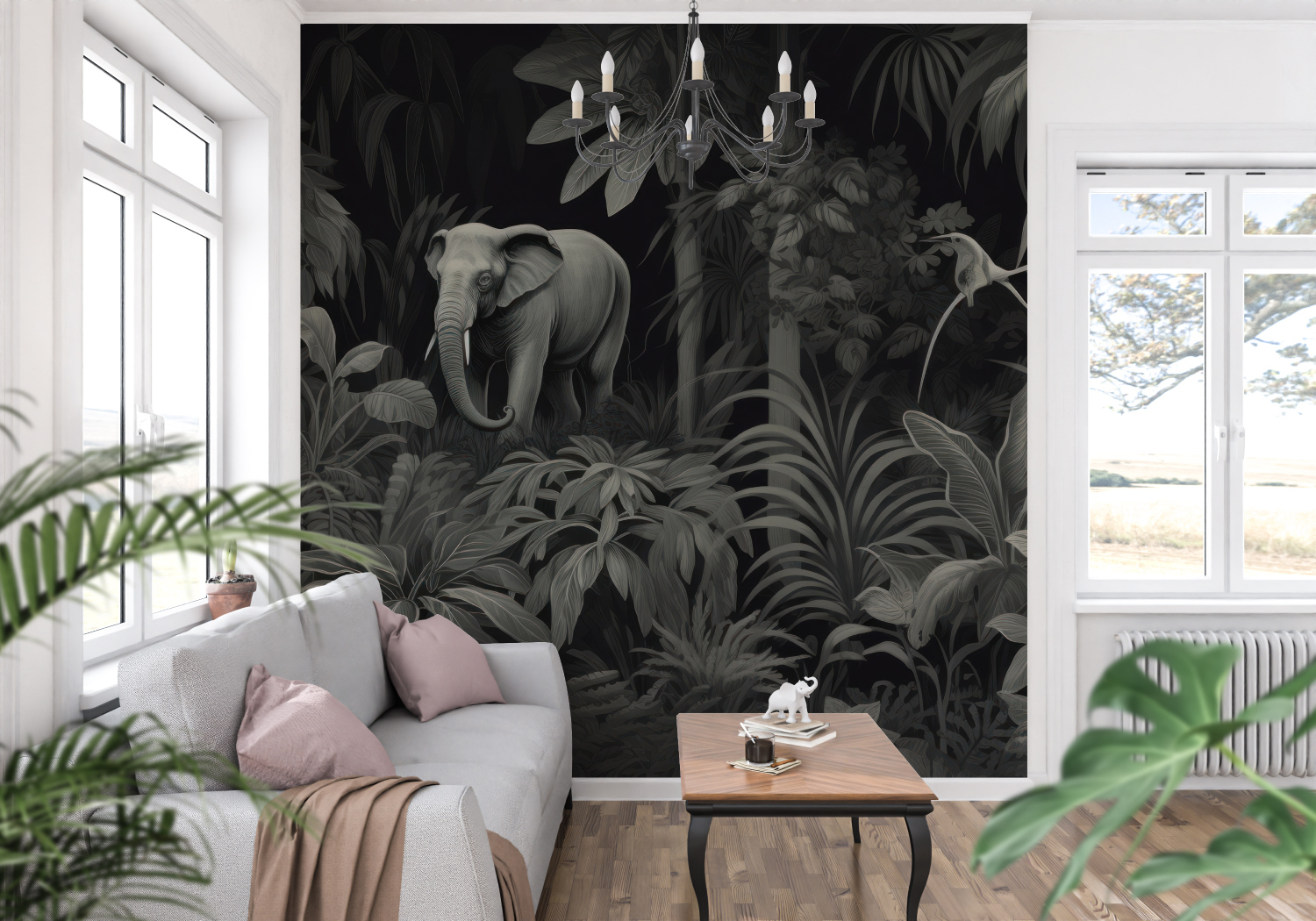 Papier Peint Jungle Noir - trompe l'oeil