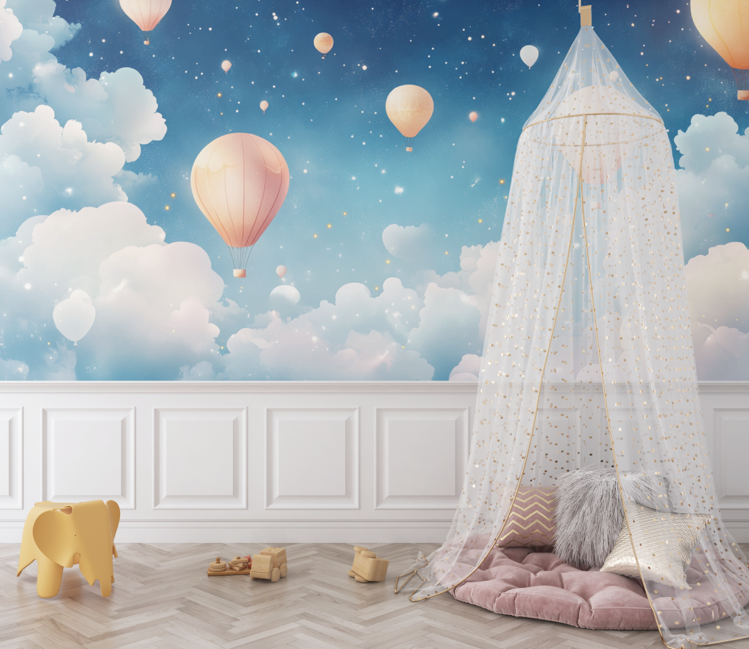 Papier peint montgolfiere et ciel de nuit paisible bebe