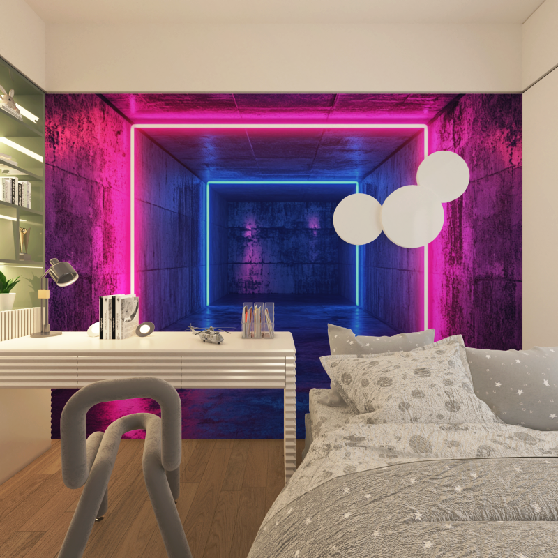 Papier peint salle beton et neons chambre adolescents