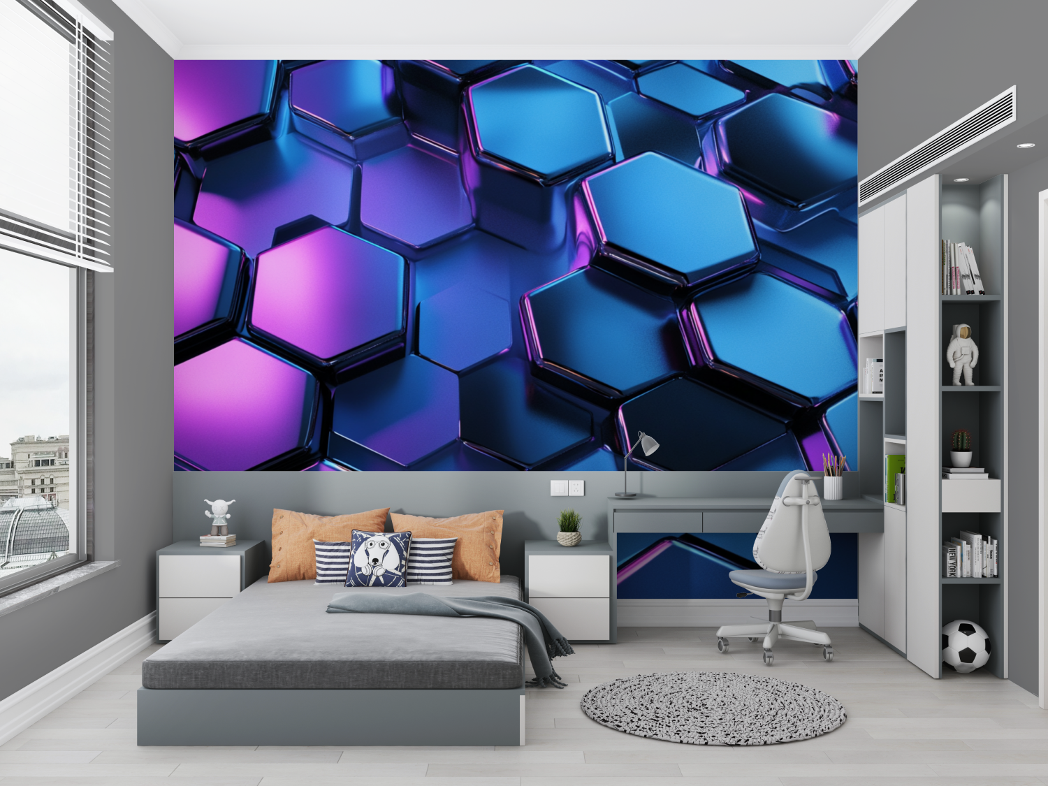 Papier peint hexagones neon bleu chambre petit