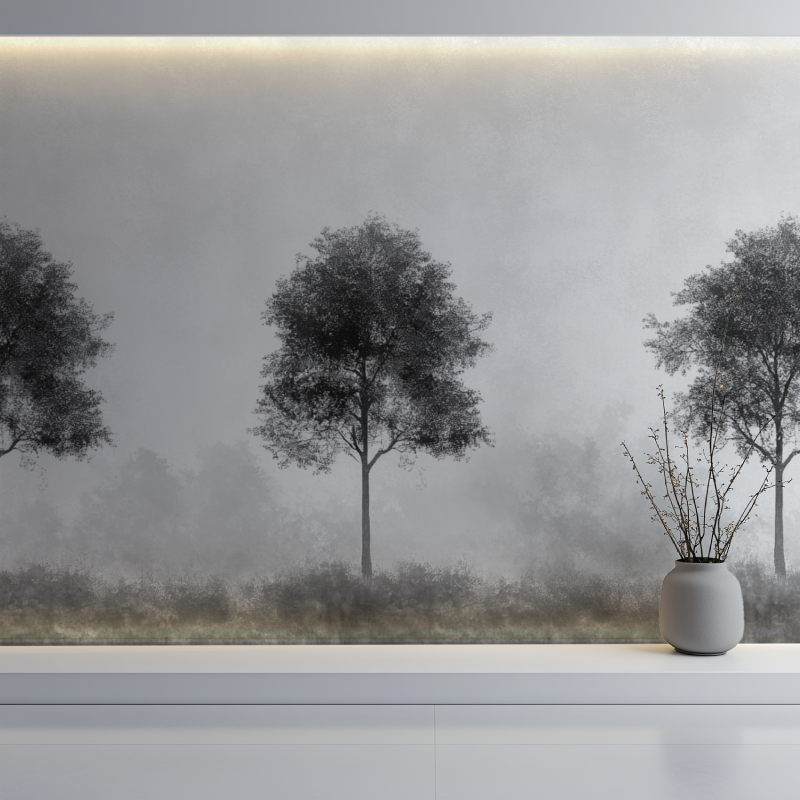 Papier peint arbre gris et noir mur blanc
