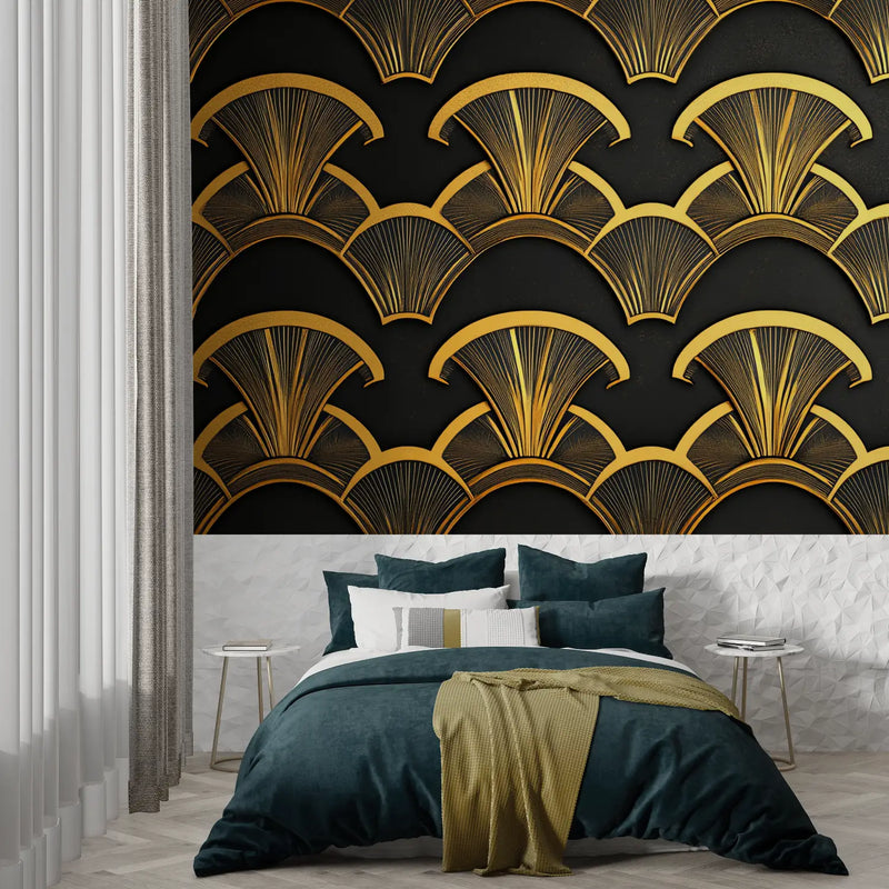 Papier Peint Art Deco Noir Or Blason - panoramique tendance